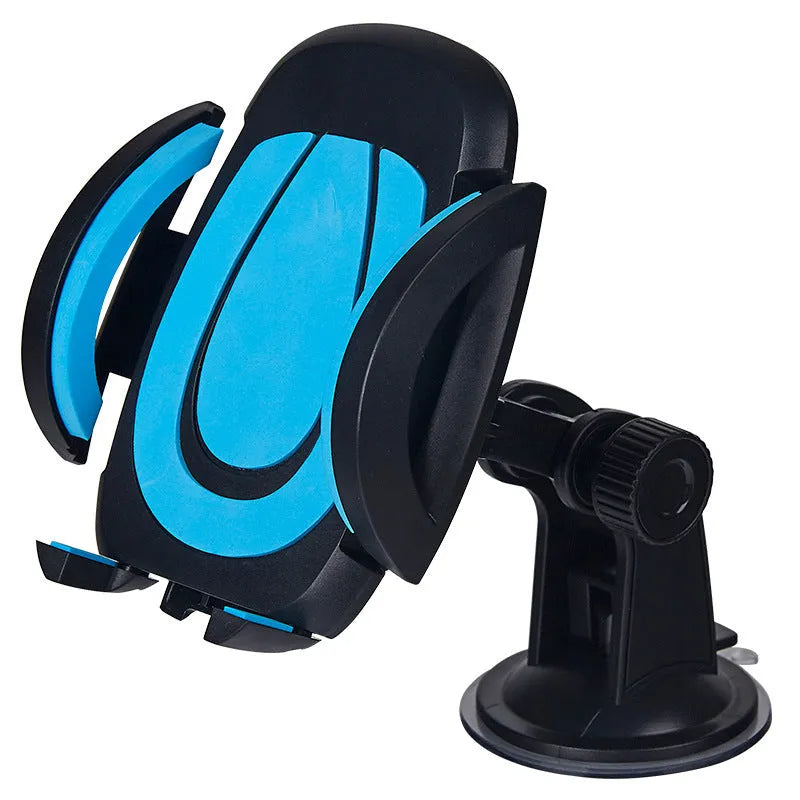 Red ABS suction cup U-shaped mobile phone bracket with open clamp arms on a car dashboard.