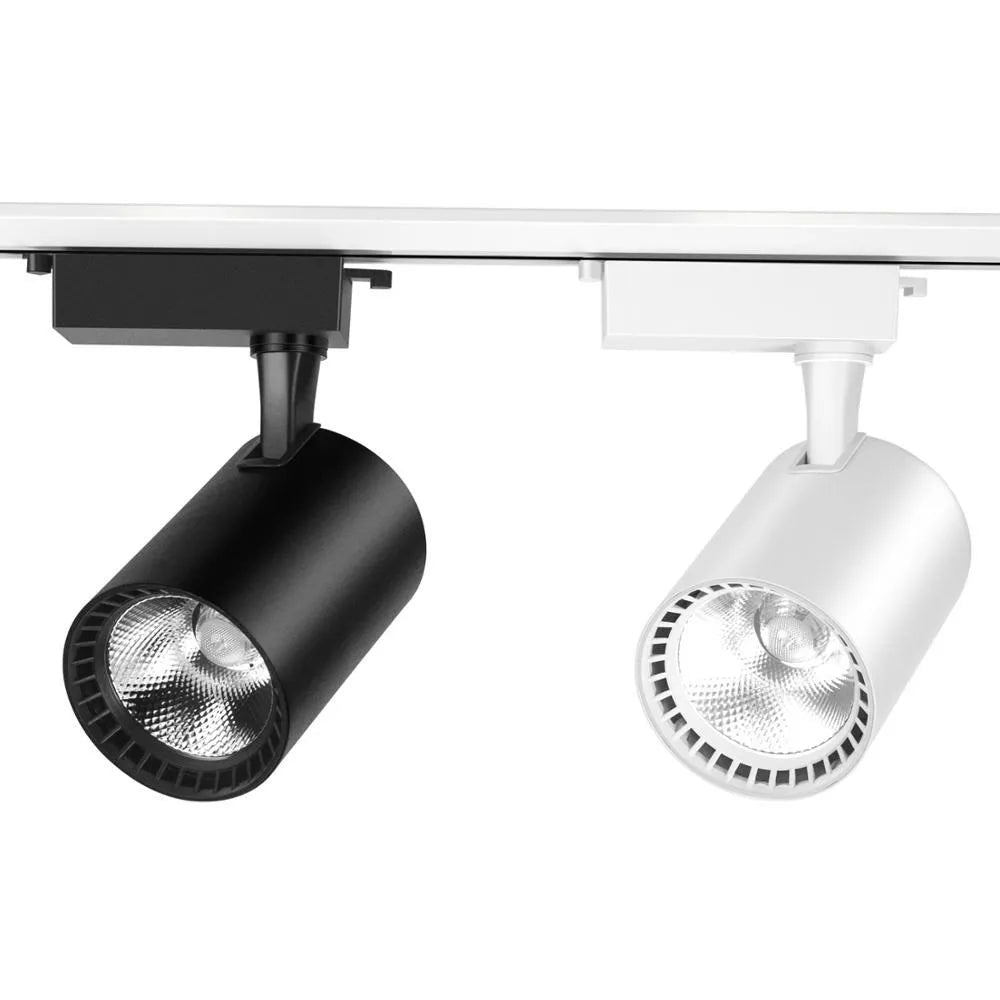 LED track spotlight in black with 24-degree beam angle and 10W power, suitable for jewellery and retail lighting