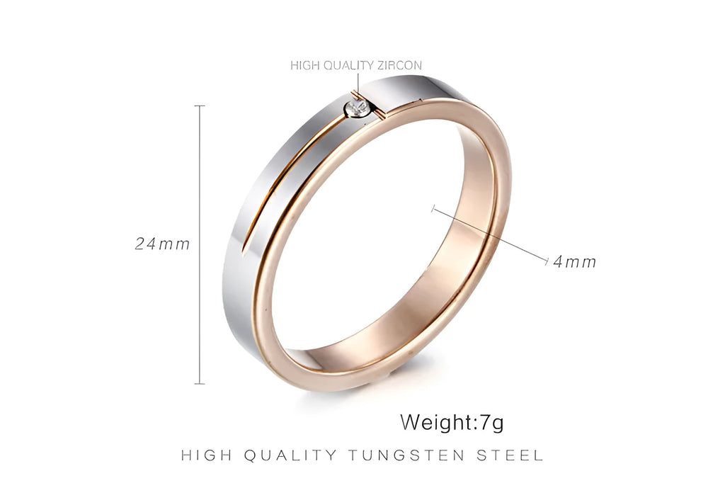 Female 4mm tungsten carbide ring with round zirconia stone, silver finish, available sizes 5-13