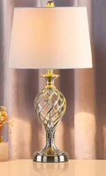 European style alloy table lamp with touch controls for dimmable cold and warm light and a USB charging socket.