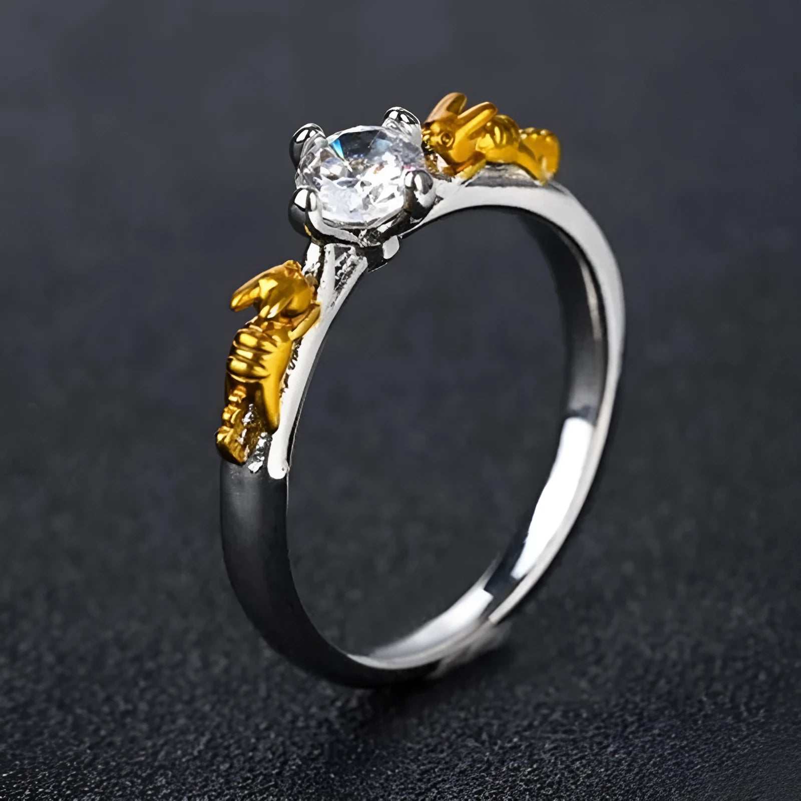 Detailed copper crown ring with crystal accents on a finger, showing black gold and copper finish options.