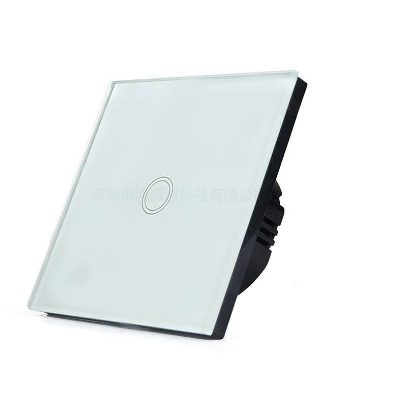 Touch-operated light switch with tempered glass panel in black, golden or white finish