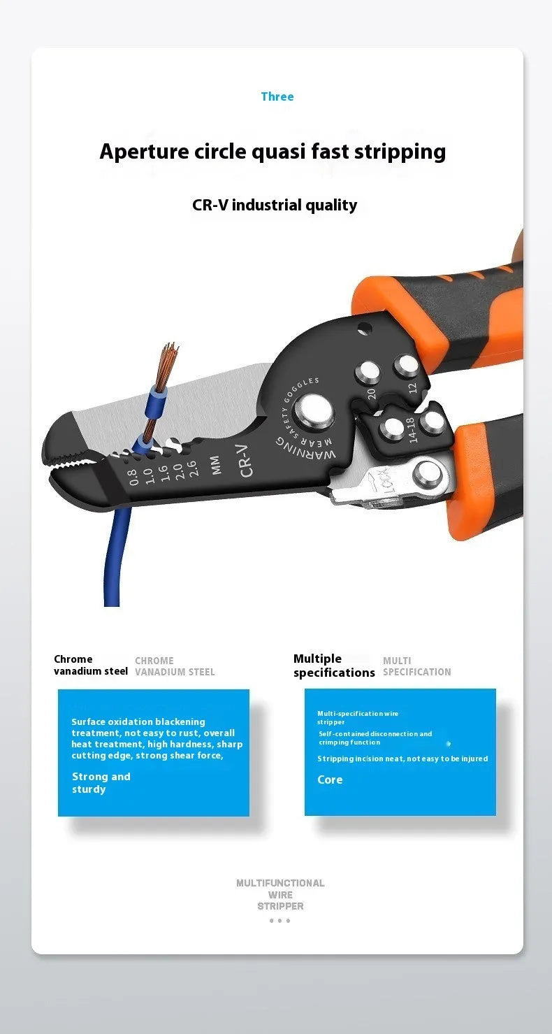 Fully automatic wire stripping pliers tool with 45# steel body on a white background.