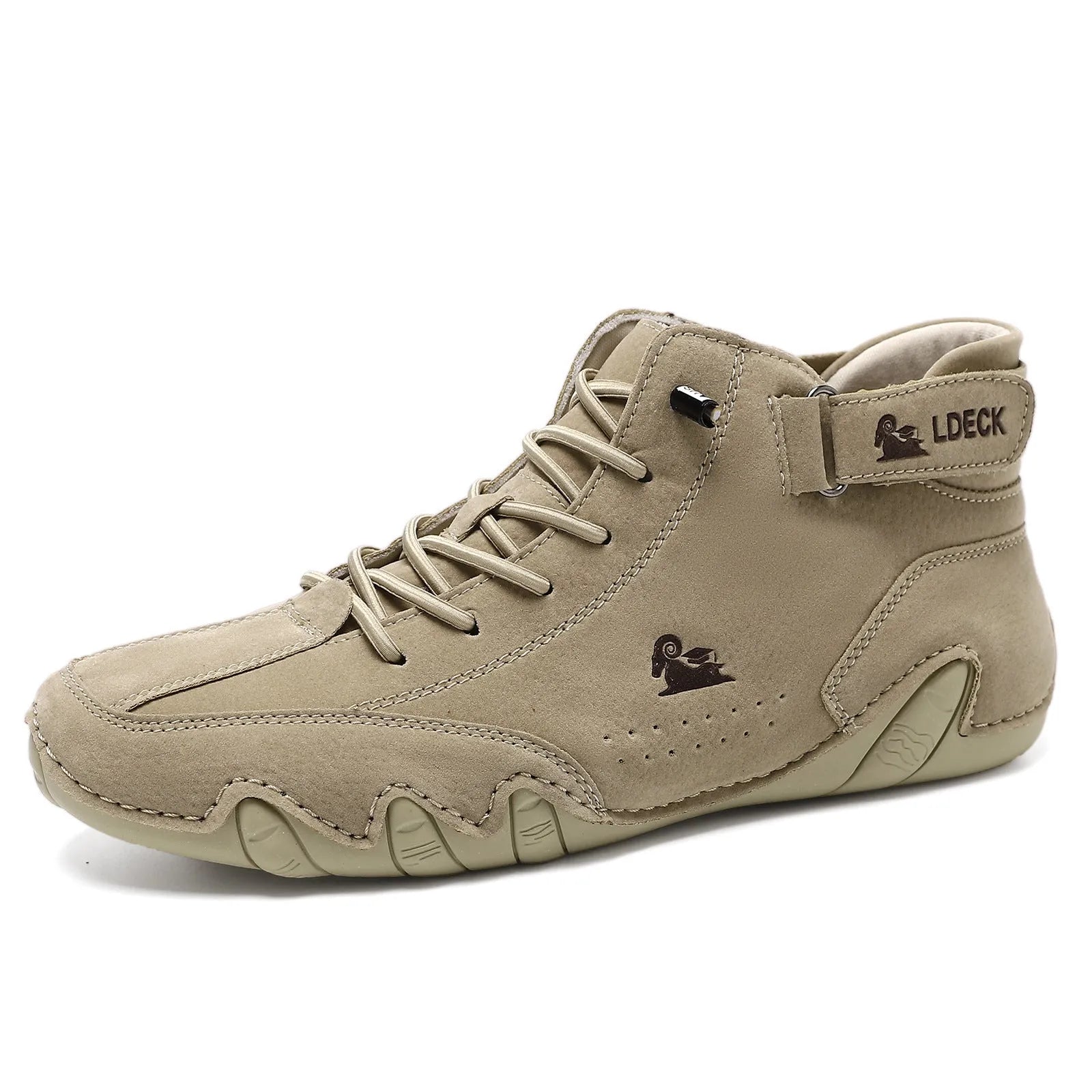 Men's khaki high top octopus boots with a rubber sole and textured microfiber upper.