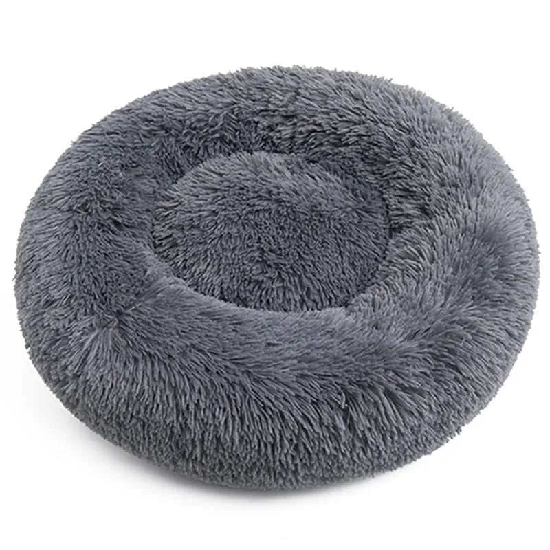 Plush fabric pet bed in round shape for dogs and cats multiple sizes and colours