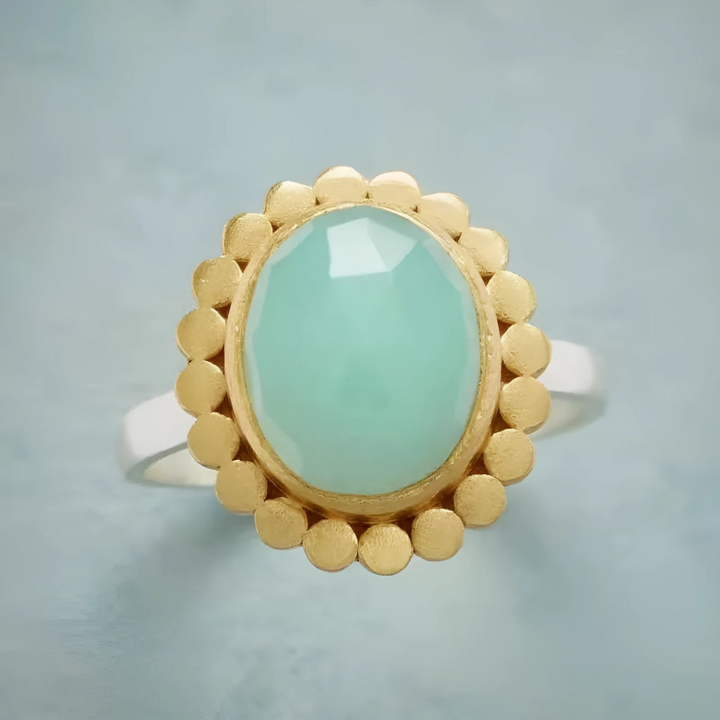 Green zircon ring with copper band and electroplated finish, shown in one of three colour styles, sizes 5 to 13