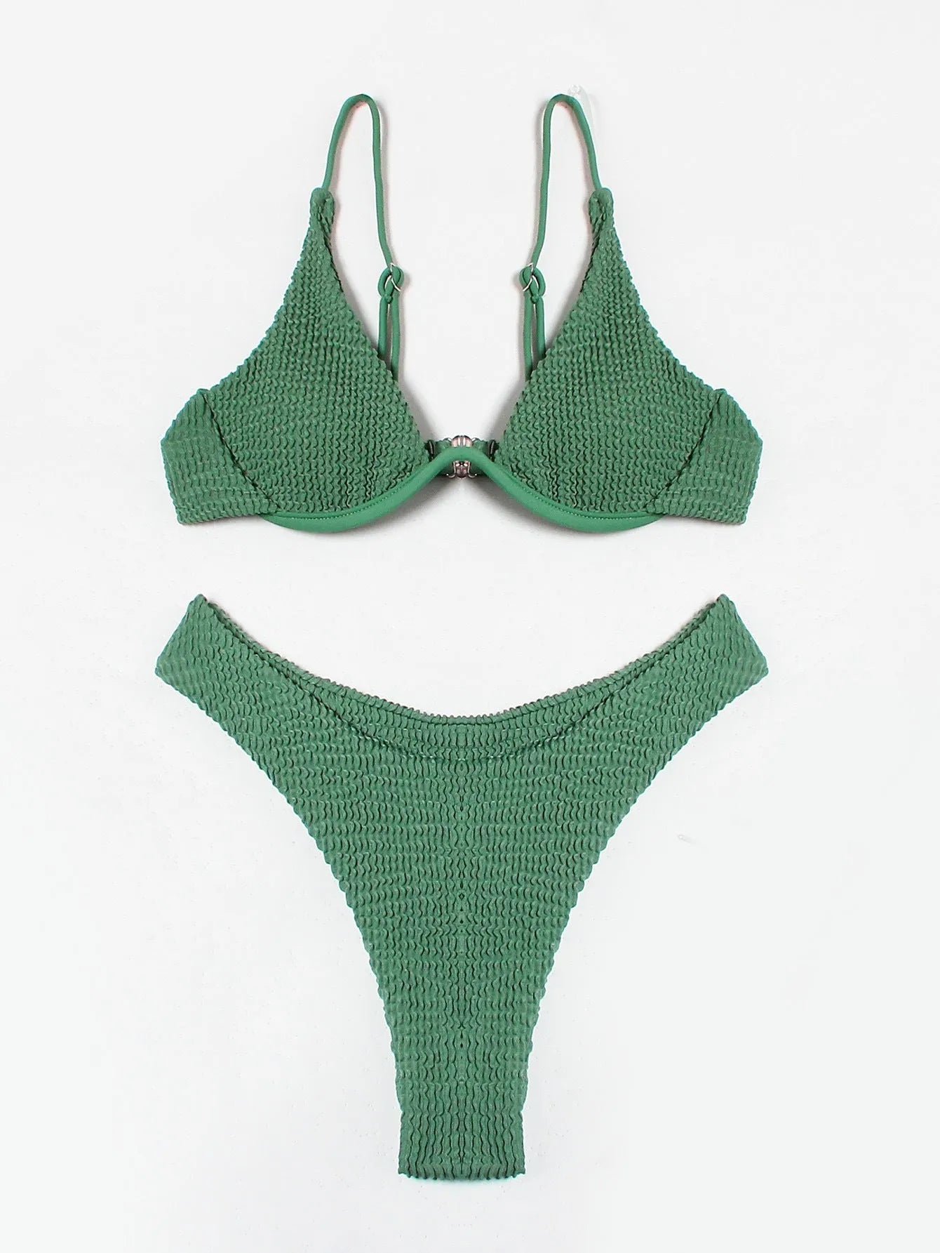 Green women's bikini swimsuit with ruffle detailing and briefs style