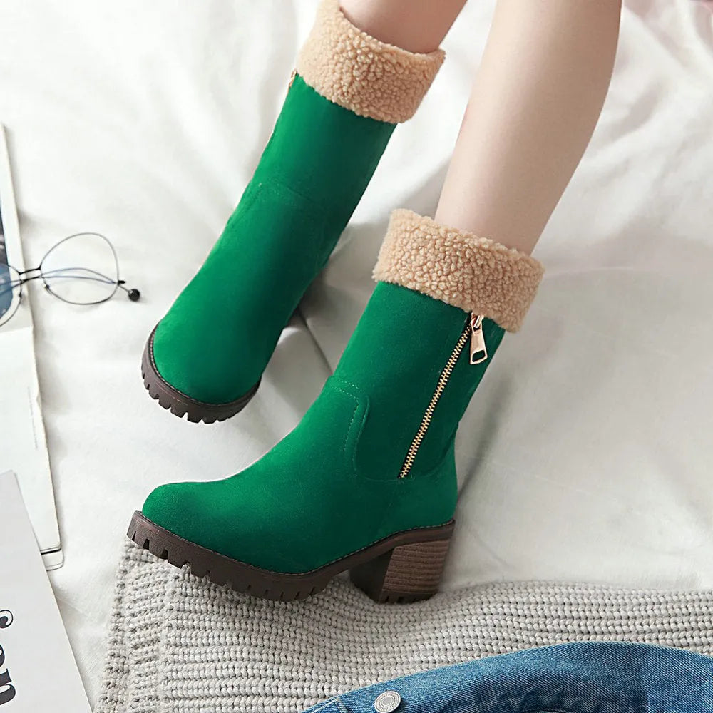 A pair of adult snow boots with plush lining, shown in one of the available colours: black, grey, green, or orange.