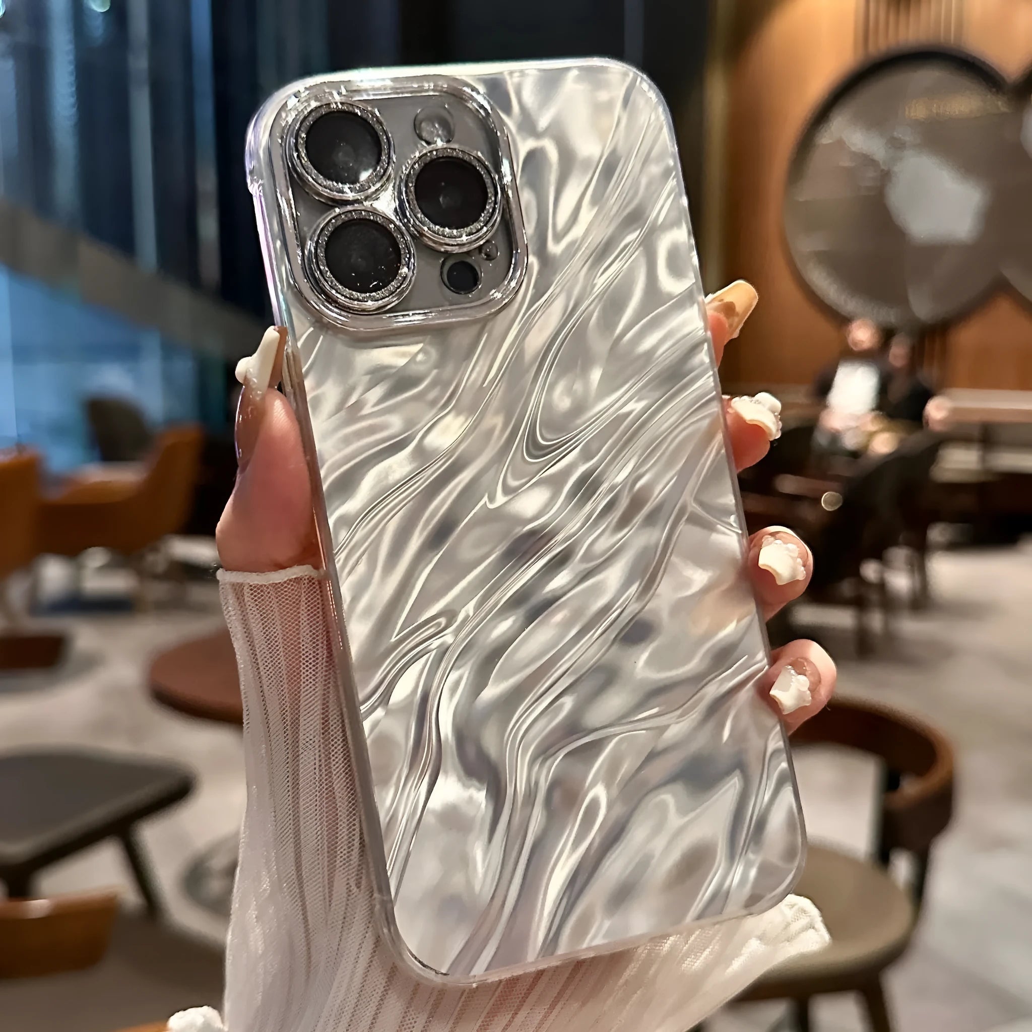 Water ripple IMD glitter fine hole translucent PC phone case for iPhone, anti-fall protection, available in white purple green blue black silver gray