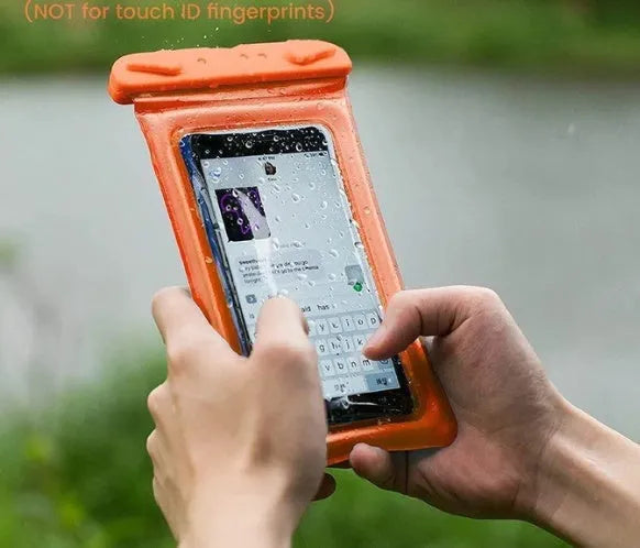 Orange waterproof PVC phone pouch with a 45cm rope and ABS seal switch.
