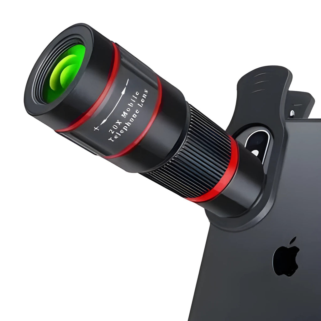 20x magnification mobile phone telescope with optical glass lens and universal mounting clip.