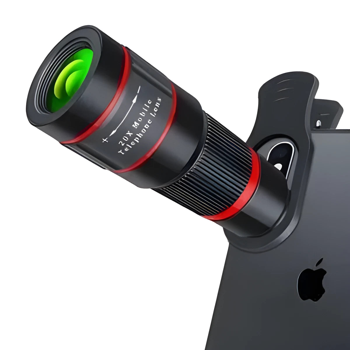20x magnification mobile phone telescope with optical glass lens and universal mounting clip.