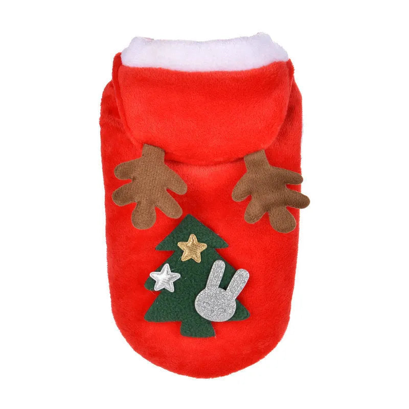 Red flannel Santa dog costume for small dogs, with size options from XS to 2XL. Folded product shown on white background.