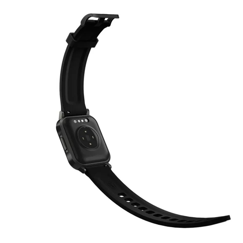 Black waterproof smart bracelet with 1.4-inch screen and silicone strap on a wrist.