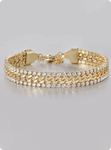 Gold hip hop style unisex tennis bracelet made from titanium steel with gemstone inlays.
