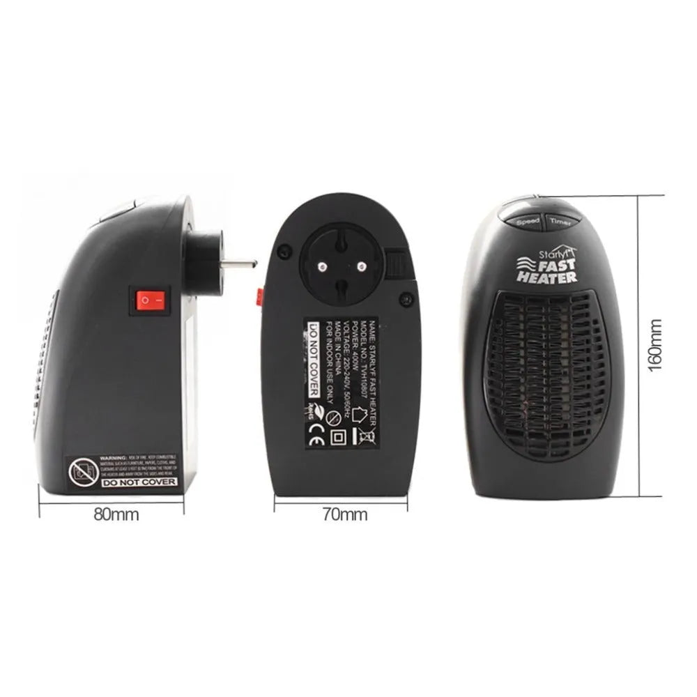 Black mini electric heater with digital display and a rotating three-prong plug on a desk.