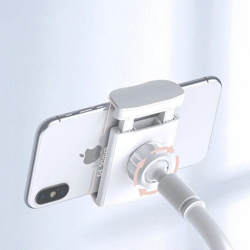 Lazy phone holder in black or white with aluminium alloy clamp 64-90mm and 90mm base clip for table or bed head