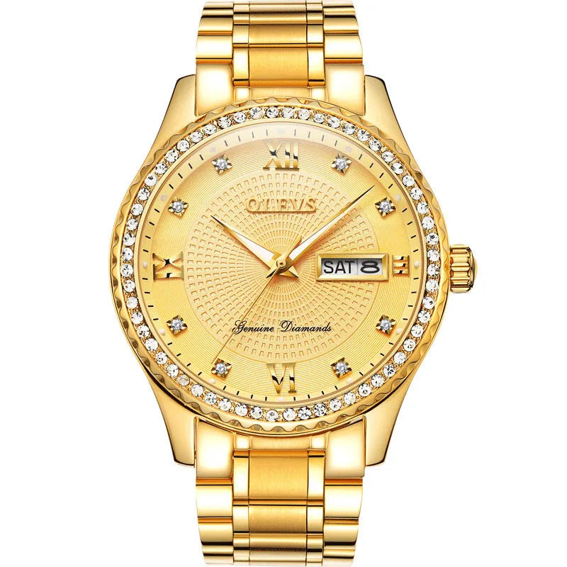 Luminous quartz watch with calendar and week display, 40mm round dial, stainless steel strap, alloy case