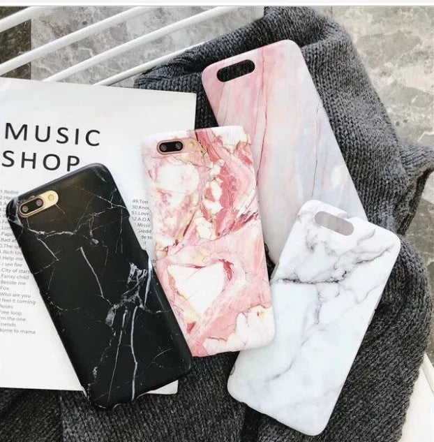 Silicone marble and camouflage phone case for iPhone 6 to XS Max in white crack, black crack, white marble, red, and nude