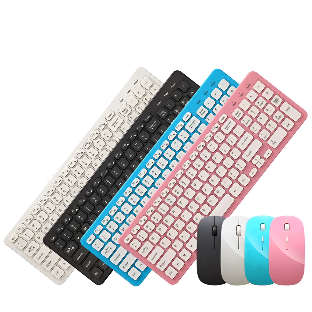 Black wireless keyboard and mouse set with USB receiver on a wooden desk