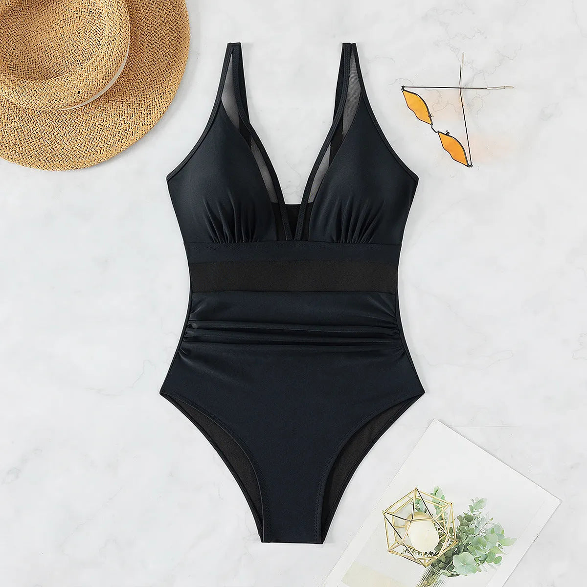 Black mesh halter one-piece swimsuit for women with briefs style and sleeveless design
