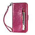 PU leather zipper phone case for iPhone showing front flap closure and card storage slots