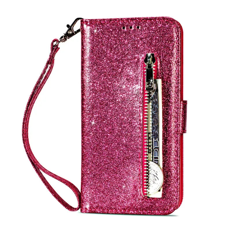 PU leather zipper phone case for iPhone showing front flap closure and card storage slots