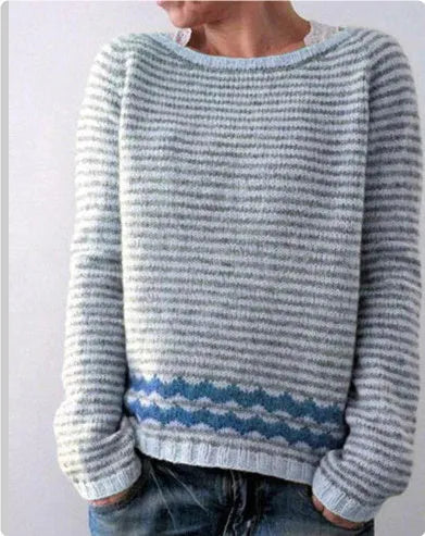 Women's loose round neck acrylic pullover sweater in multicolour geometric print, long sleeve, S-5XL