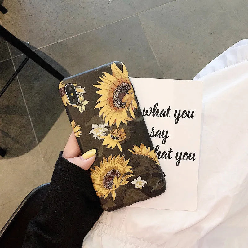 Black sunflower flower phone case for iPhone models, silicone TPU back cover with oil spray water paste floral design
