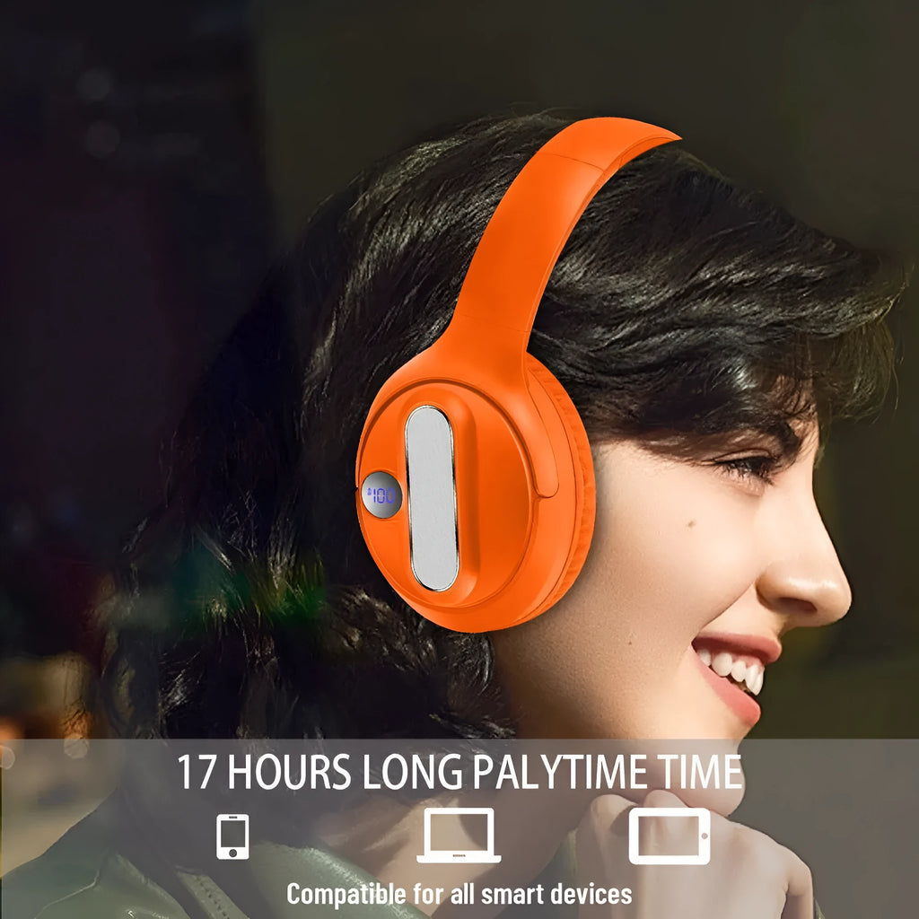 Retro wireless Bluetooth earphones with orange plastic shell, foldable headband, and digital display