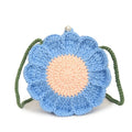 Round hand-woven bag with crocheted wool flowers and mobile phone pocket