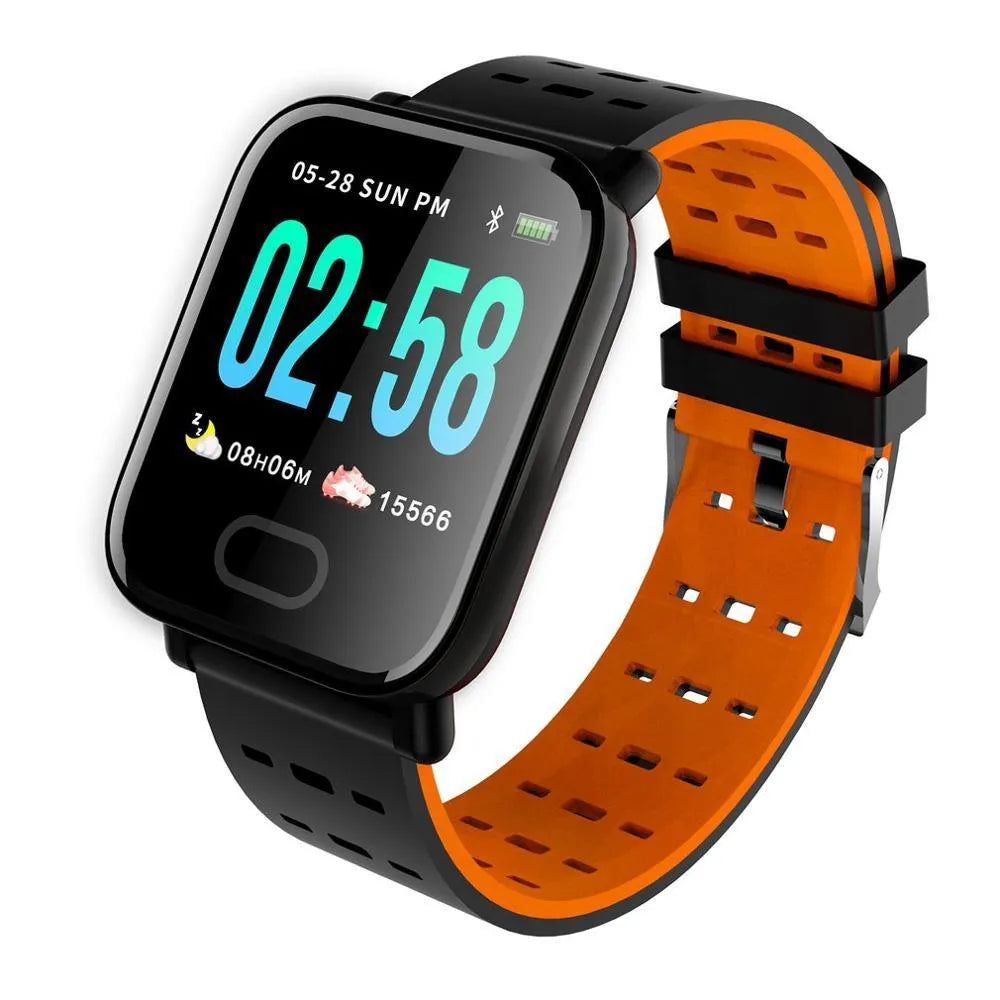 A6 smart bracelet with colour screen and black silicone strap on a wrist, showing fitness data.