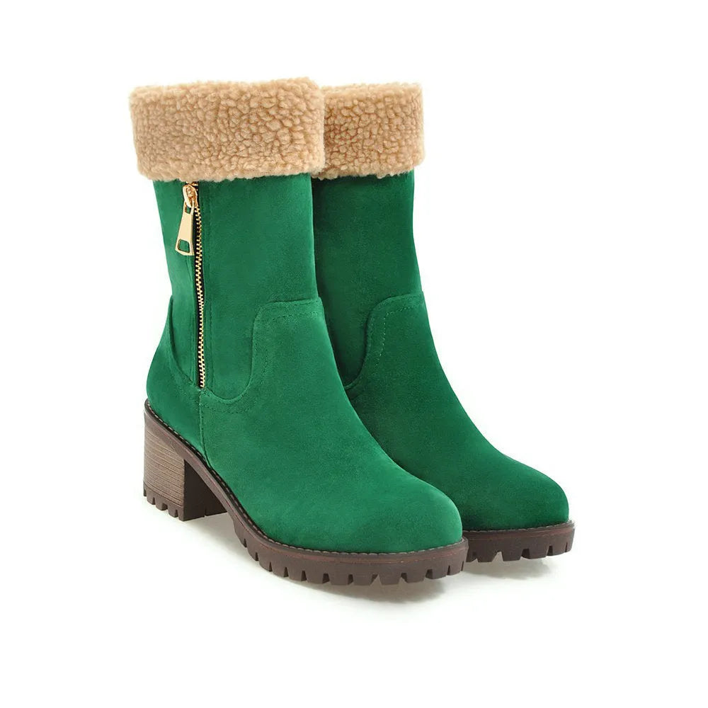 A pair of adult snow boots with plush lining, shown in one of the available colours: black, grey, green, or orange.