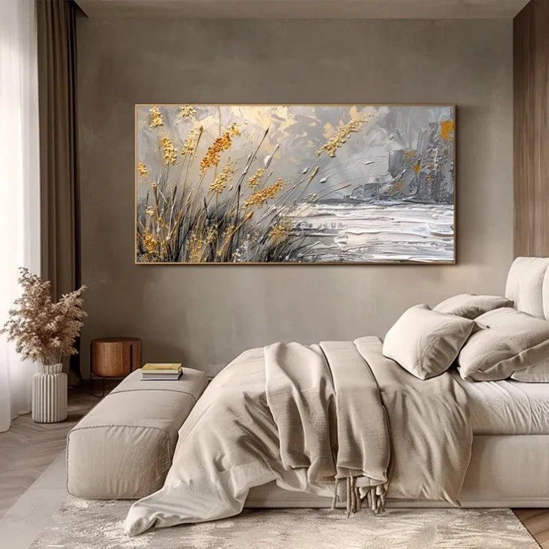 Hand painted abstract lake reed landscape oil painting on canvas, contemporary style, horizontal orientation, available in multiple sizes