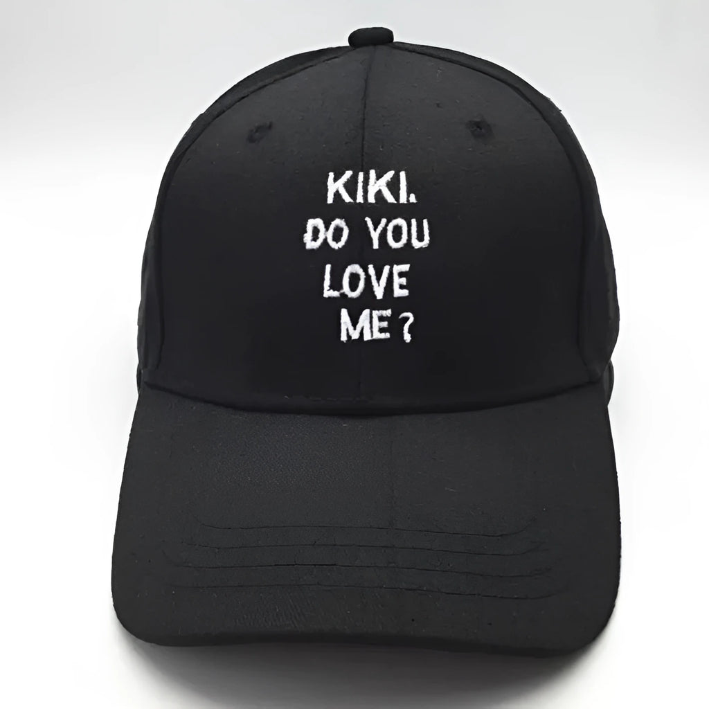 Black cotton baseball cap with white letter embroidery, curved brim, adult size