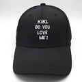 Black cotton baseball cap with white letter embroidery, curved brim, adult size