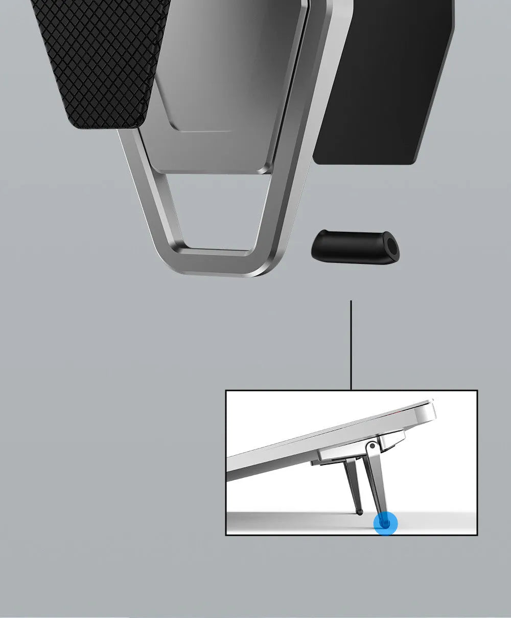 Two black and silver zinc alloy metal foldable tablet computer cooling brackets on a desk, 4.8cm size
