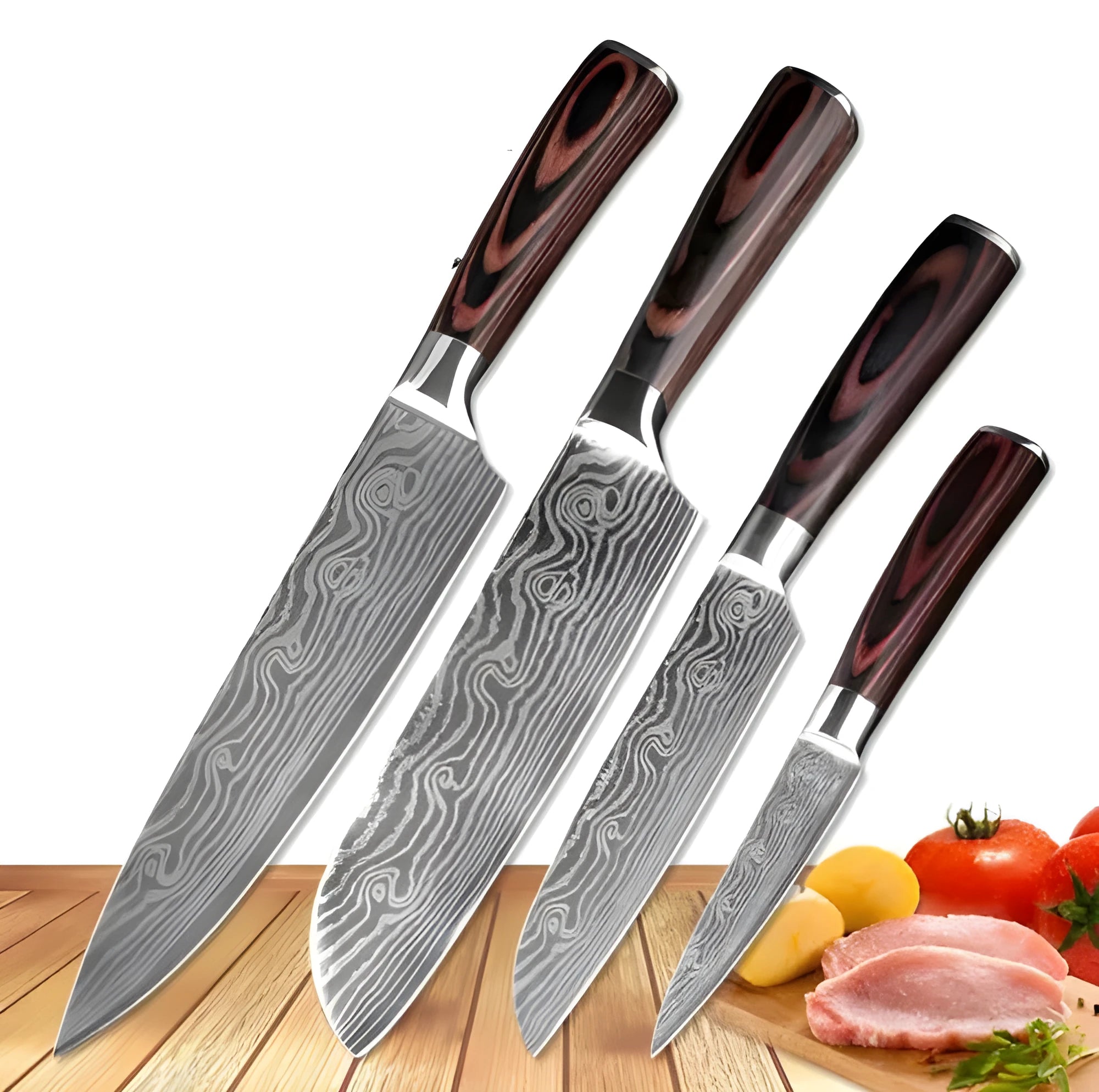 7Cr17 stainless steel kitchen knife with laser Damascus pattern on blade and colour steel handle.