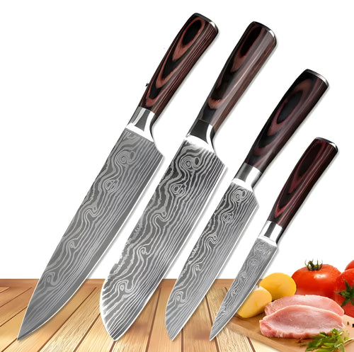 7Cr17 stainless steel kitchen knife with laser Damascus pattern on blade and colour steel handle.