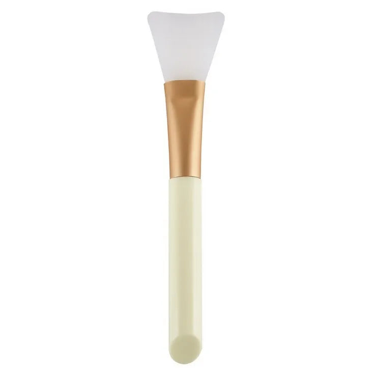 Fan makeup brush with nylon bristles and plastic handle, available in blue and pink colours