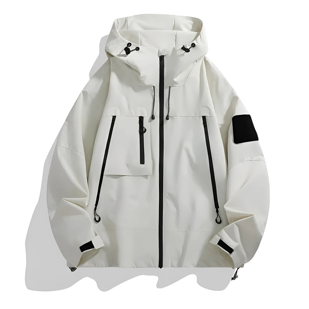 Men's hooded shell jacket in ivory white polyester blend for outdoor use