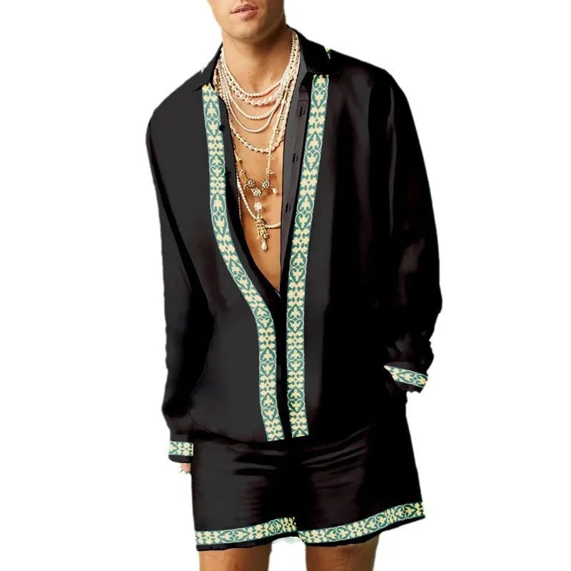 Men's slim-fit long sleeve shirt and matching shorts casual summer two-piece set
