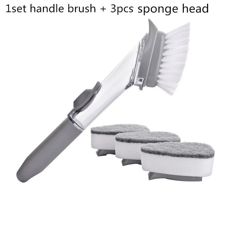 2 in 1 long handle cleaning brush with removable brush head and sponge for kitchen use