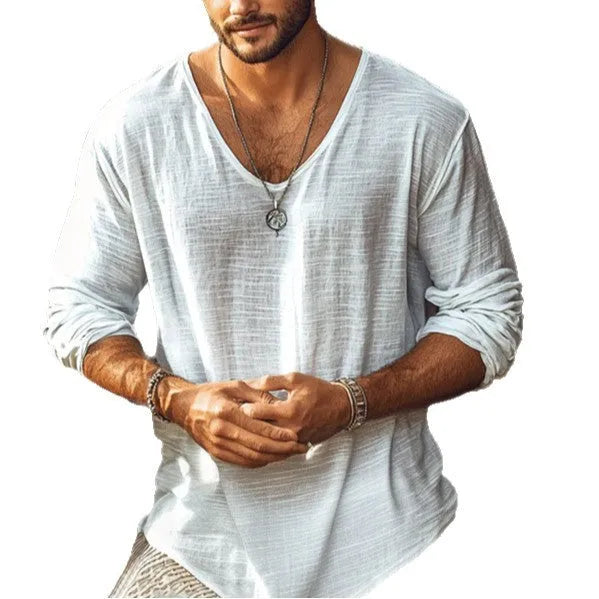 Beige V-neck slim fit long-sleeved t-shirt on hanger showing front view