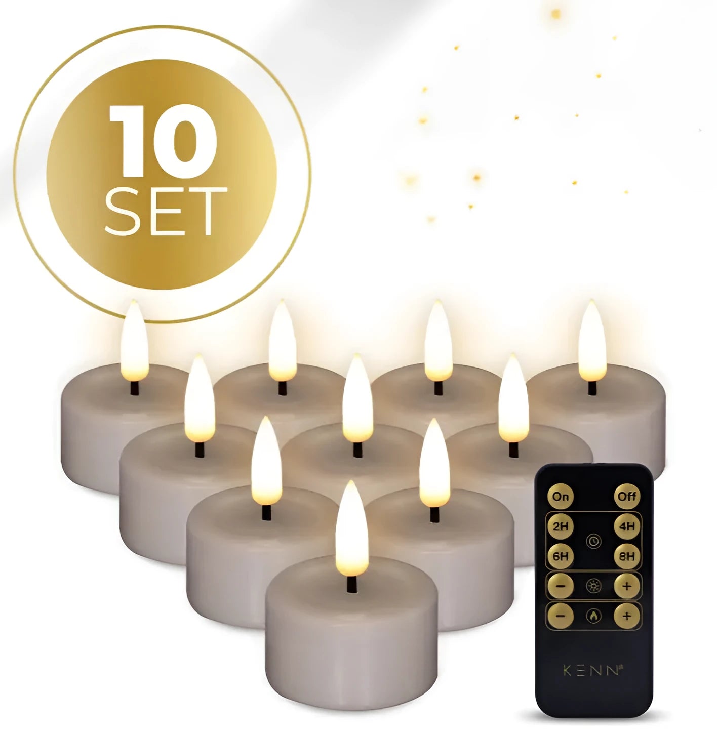 Taupe coloured S10 3D flame LED tealight candles showing realistic flickering flame effect