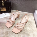 Women's thick heel sandals in apricot colour with super high heel and sleeve-on design.