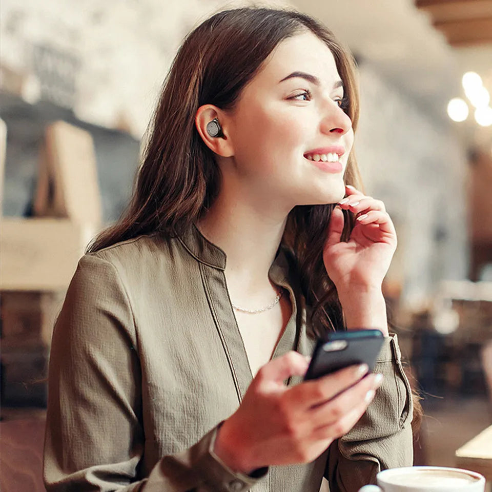 Touch control Bluetooth wireless headset with earbuds in black, white, red, or blue colours