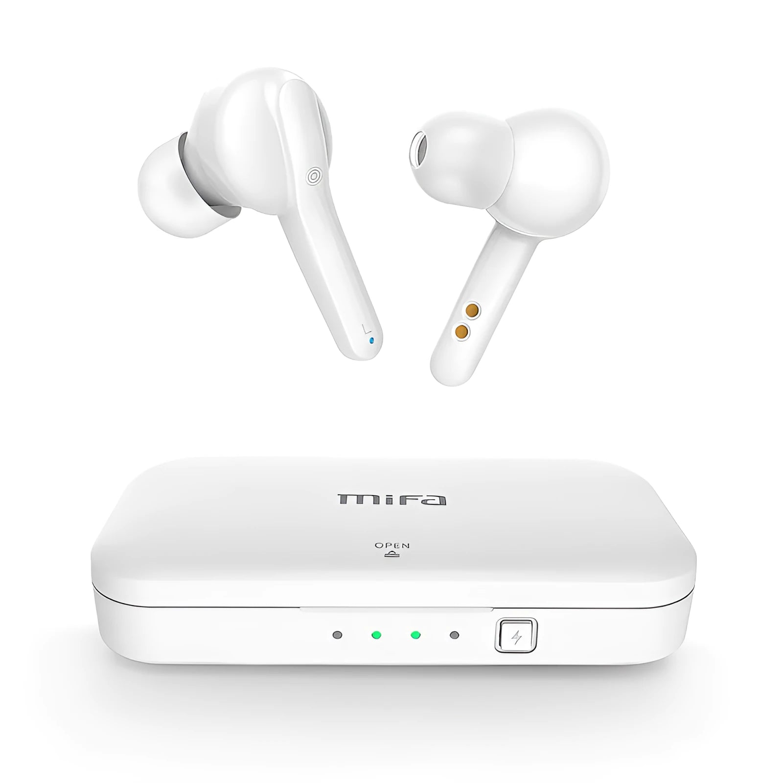 Black and white true wireless earbuds with charging case on a table, showing compact design.