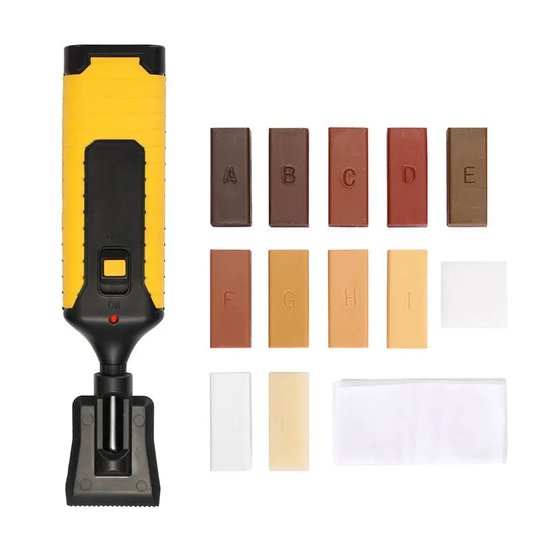 Floor repair tool set with red handle and colour wax sticks for DIY tile scratch repair