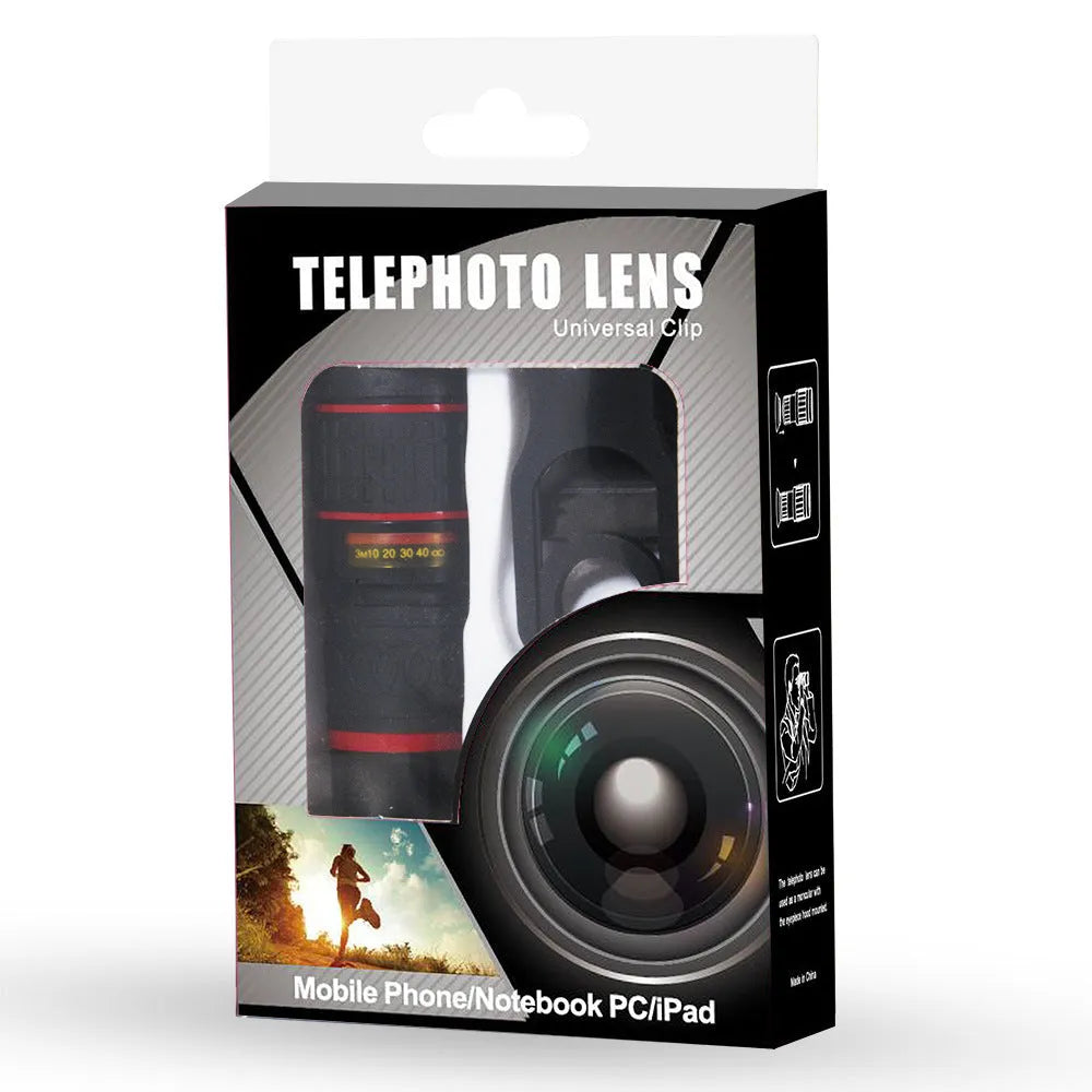 20x magnification mobile phone telescope with optical glass lens and universal mounting clip.